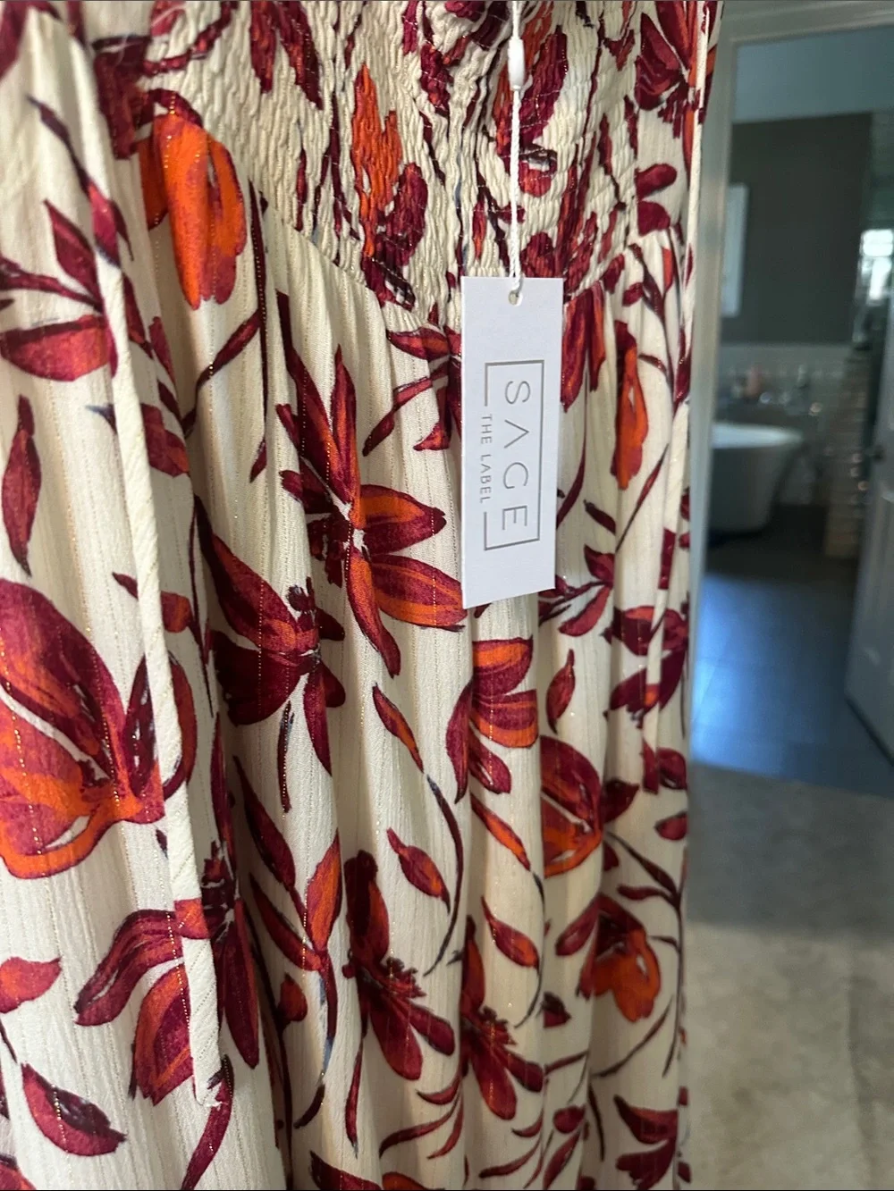 Sage White Maxi Dress with Red & Orange Floral Print
